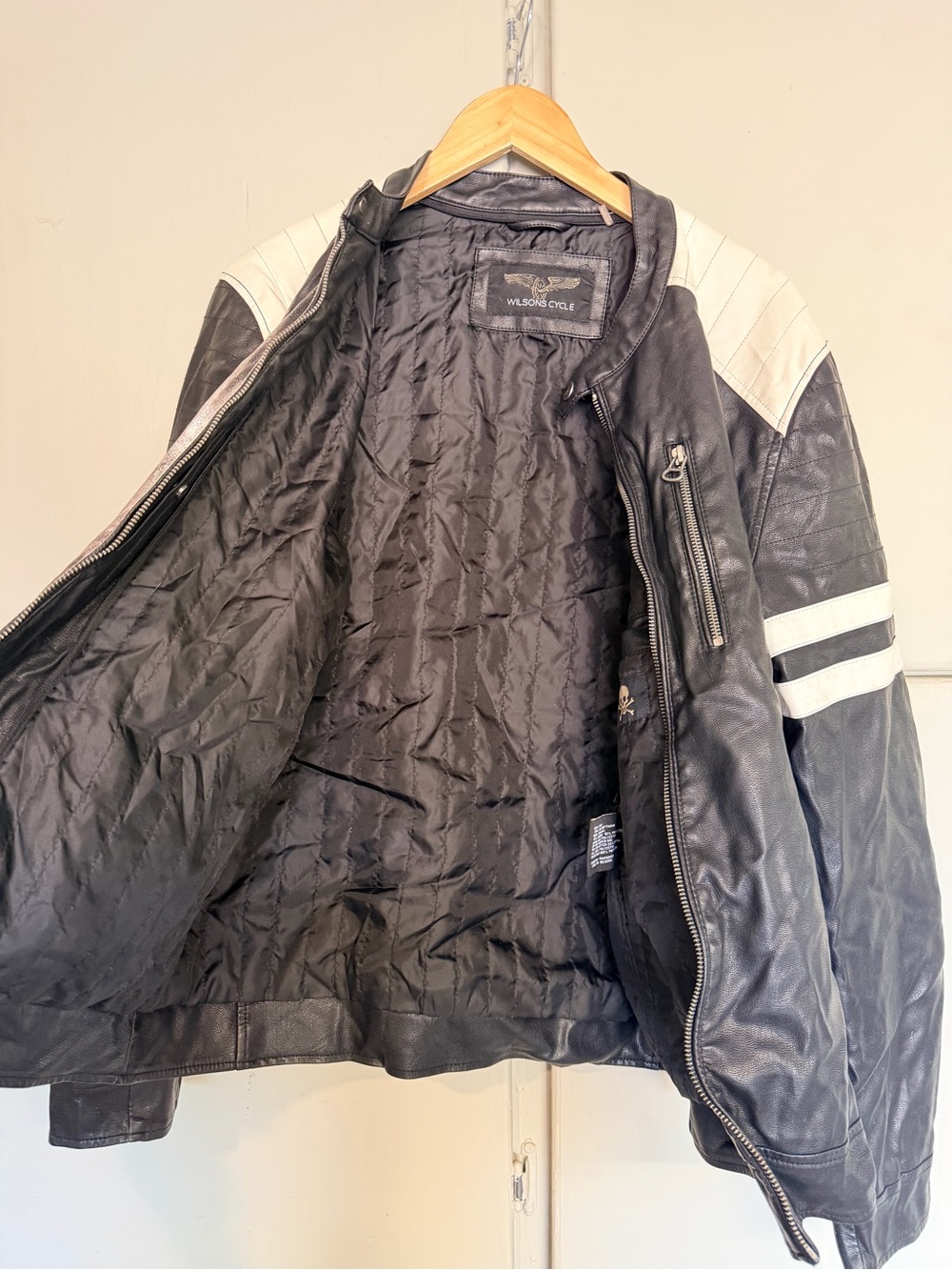 Wilsons Cycle Motorcycle Jacket Size M Black White Cafe Racer Faux Leather - Picture 2 of 6